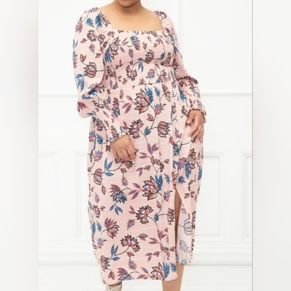 ELOQUII Elements Smocked Floral Print Blush Pink Midi Dress Sz 18 20 18/20 or 2X - Picture 3 of 11